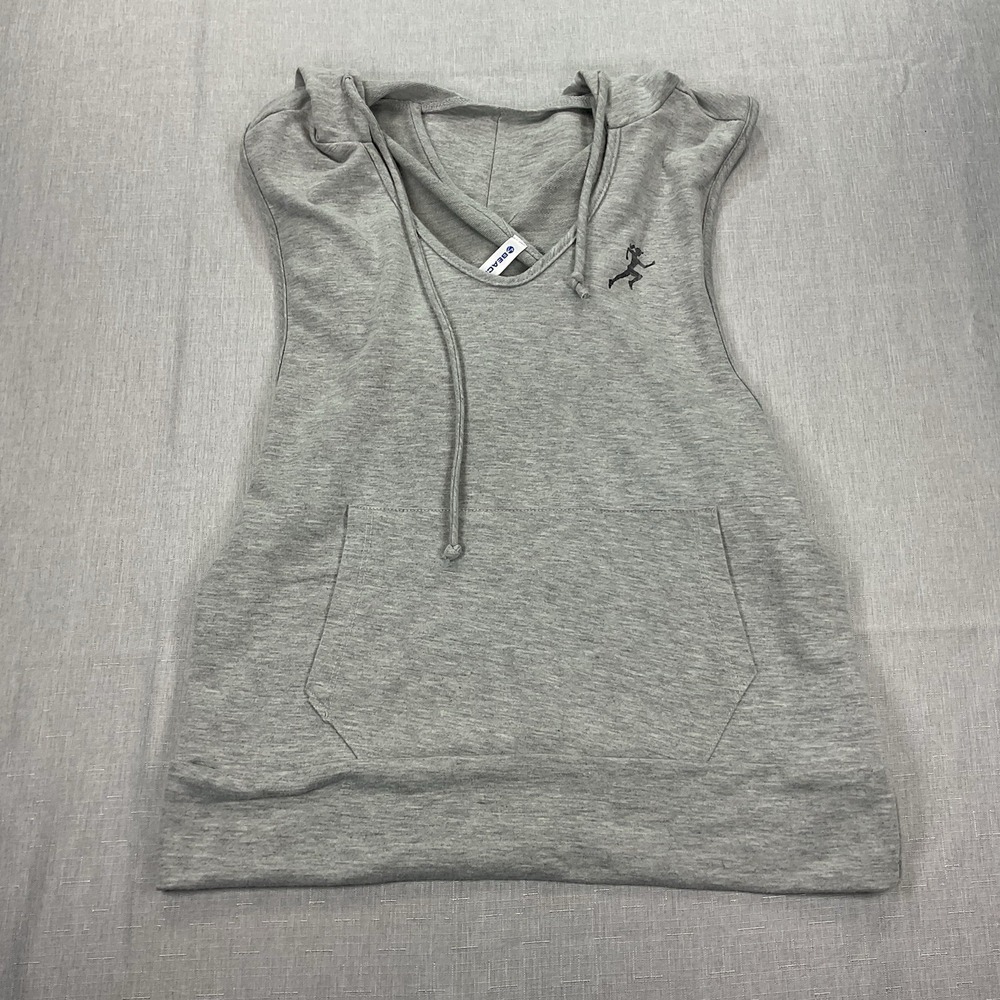 Beachbody Heather Gray Sleeveless Hooded Sweatshirt Vest Criss Cross Back Size S